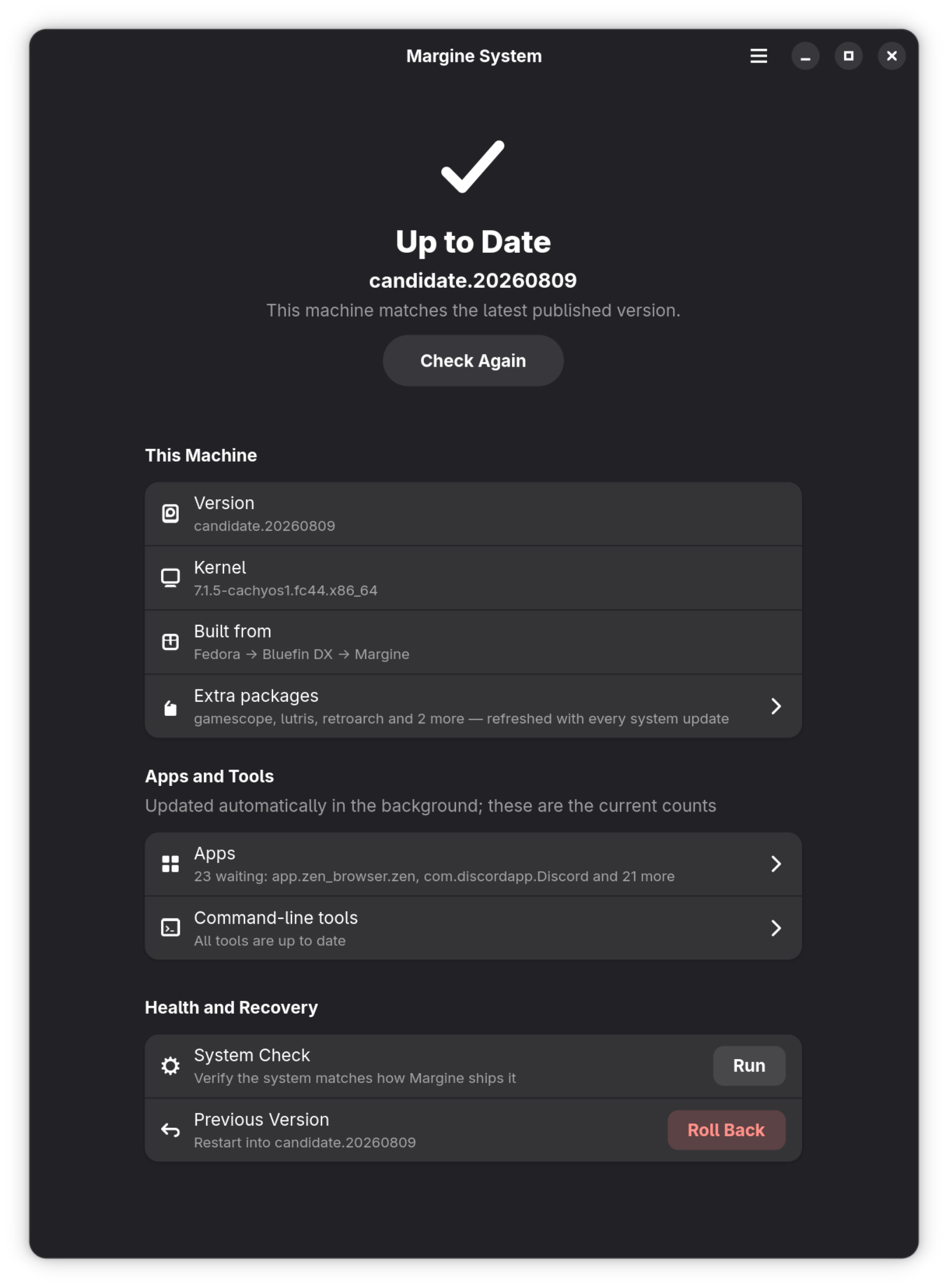 The Margine System window: Up to Date, machine details, app and tool updates, system check