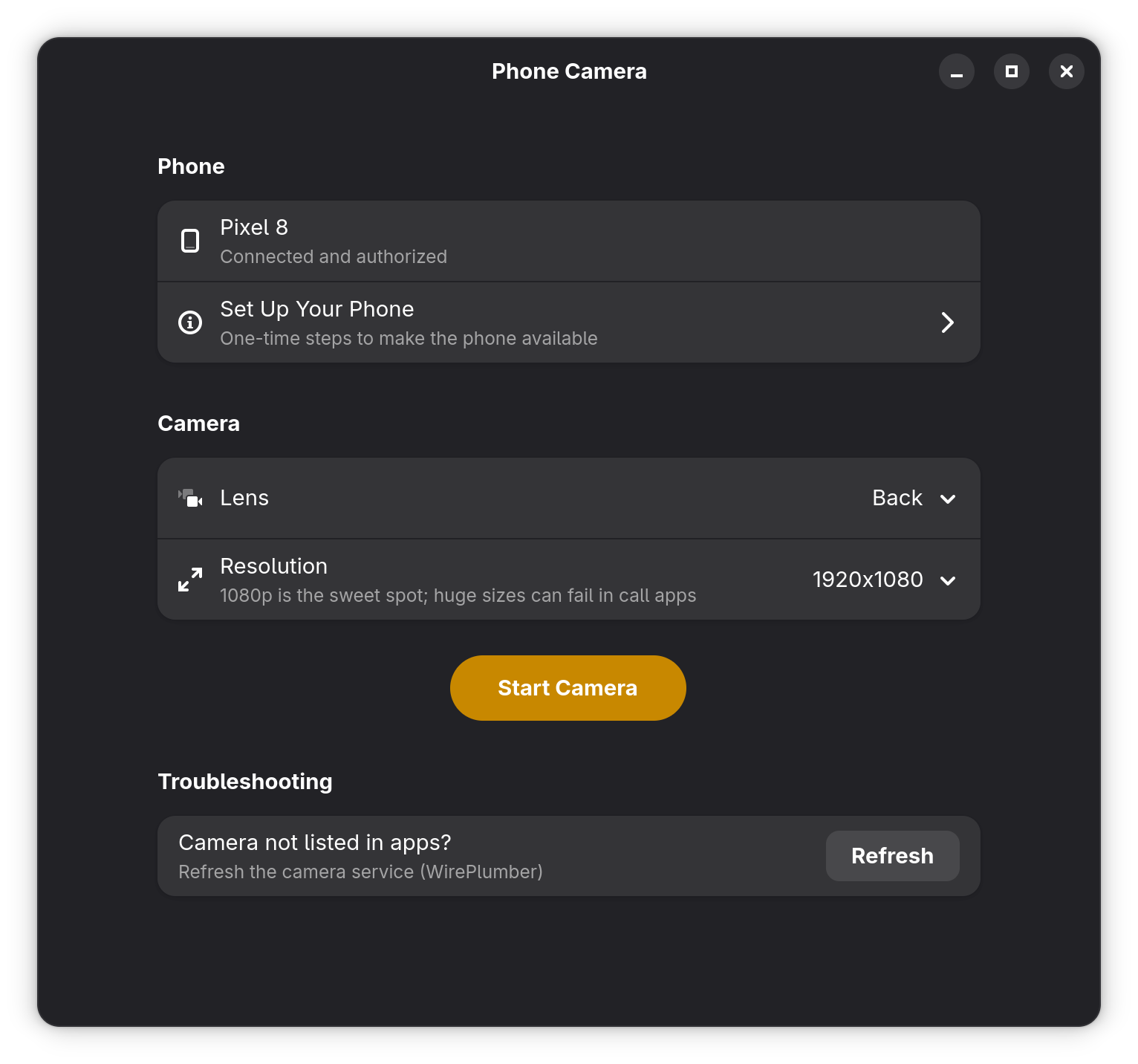 The Phone Camera window: phone status, lens and resolution controls, Start Camera